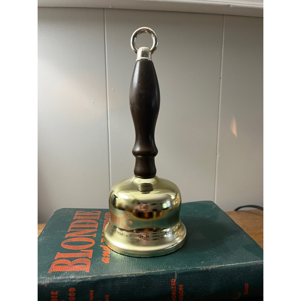 Vintage Brass Plated Desk / School / Dinner Bell with Wood Handle 7” tall
